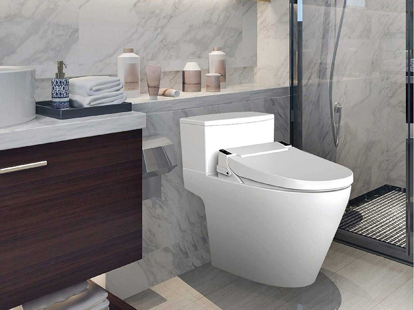 VOVO electronic bidet smart toilet seat in bathroom.