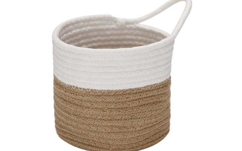Sea Team Hanging Cotton Rope Baskets, 6.7 Inches Small Woven Storage Basket, Bike Hang Bag, Fabric Planter, Pot, Wall, Door Organizer for Keys, Wallets, Sunglasses, (Flaxen & White)