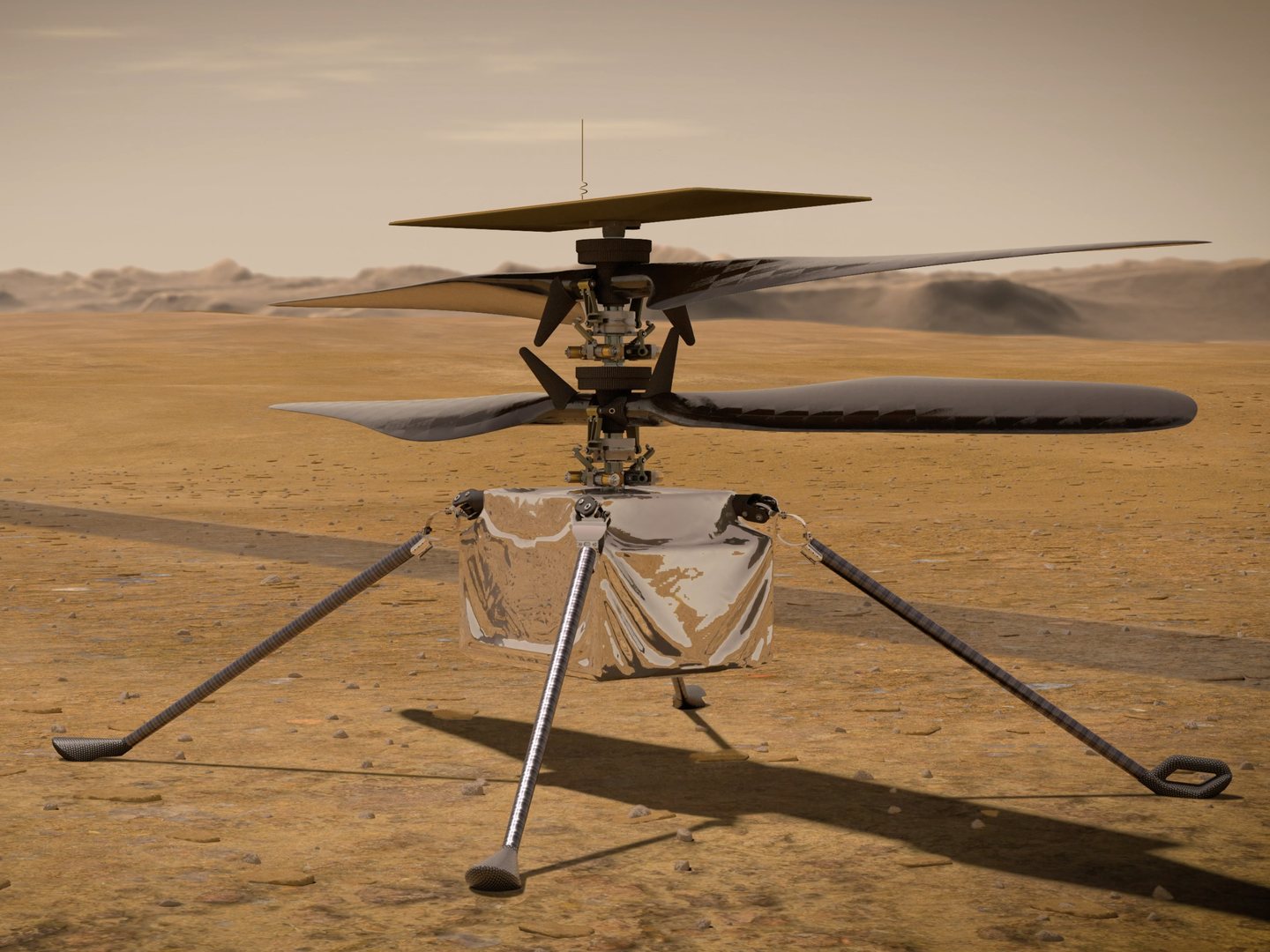 An artist's impression of the Ingenuity helicopter on the surface of Mars.