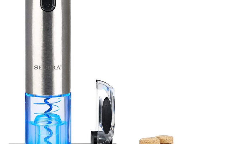 Secura electric wine bottle opener on the base with foil cutter and corks
