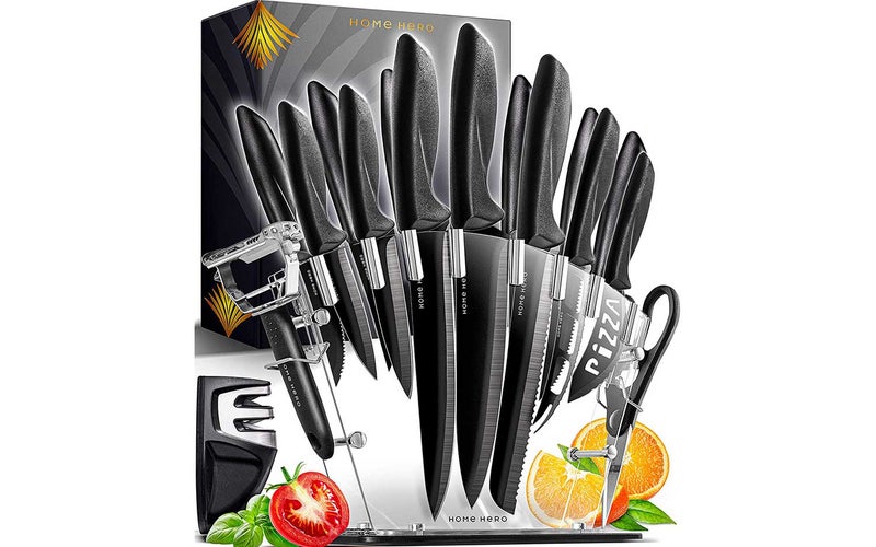 Kitchen Knife Sets with Block - 17 Pcs Stainless Steel Kitchen Knives Set Knife Block Set with Knives - Chef Knife Set with Sharpener - 6 Steak Knives Peeler Scissors Cheese Pizza Knife Acrylic Stand
