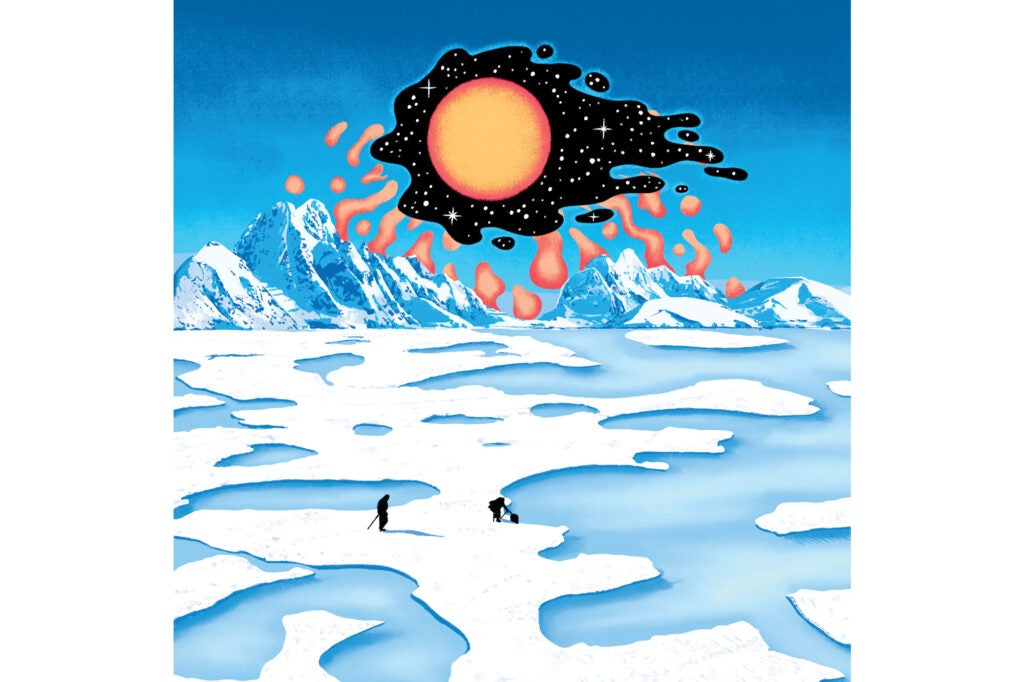 A hole in the sky with the sun peeking through over an illustration of Antarctica