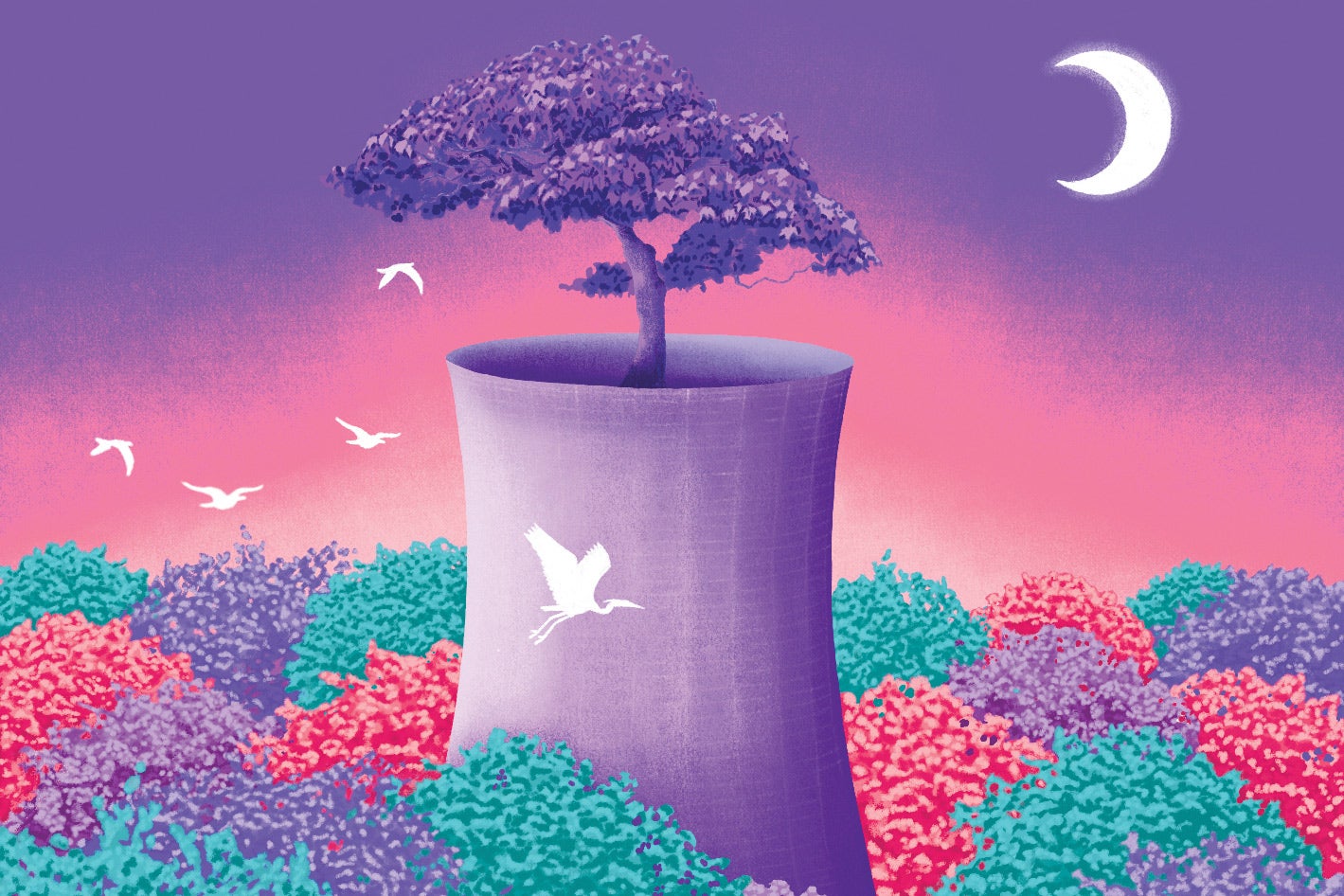 White birds on a pink, purple, and green illustration of the Fukushima nuclear plant