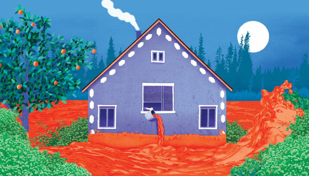 An illustrated house with a smoking chimney with fruit trees and red chemicals pouring through
