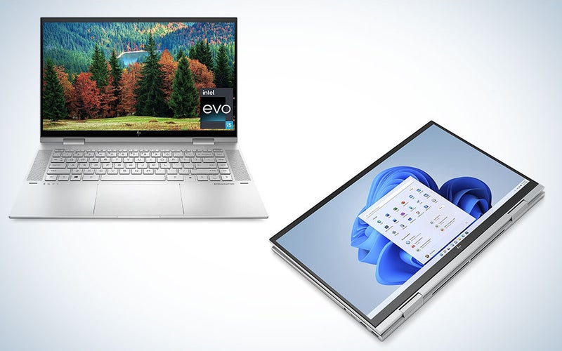 An HP Envy x360 convertible laptop on a blue and white background