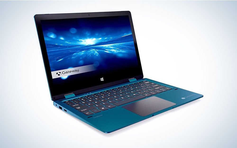 A Gateway Touchscreen 11.6 HD 2-in-1 Convertible Laptop on a blue and white background