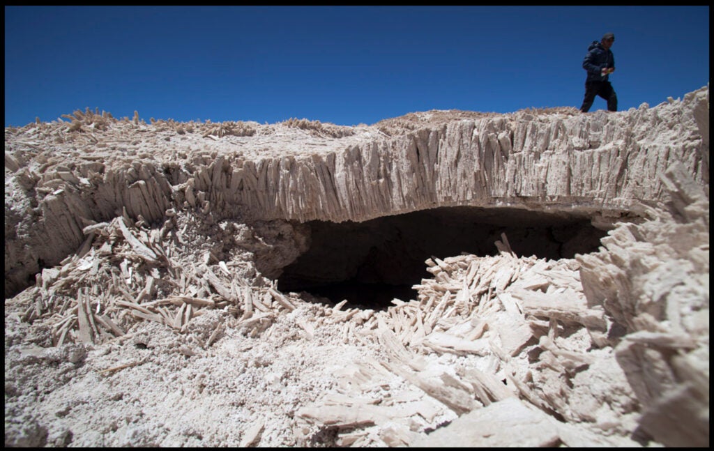 A hole in the ground left by water and salt interacting here in Chile's Atacama Desert.