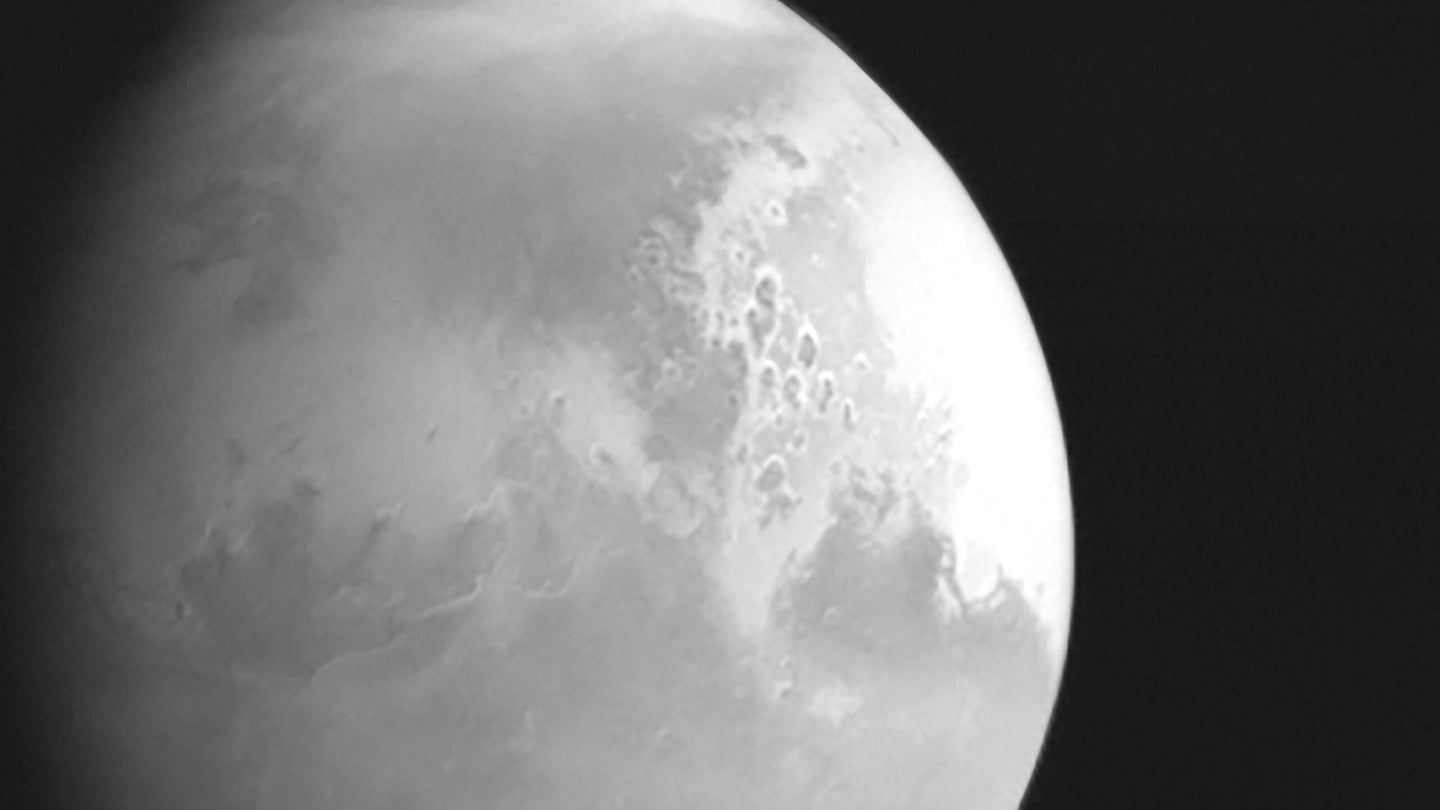 A close-up shot of Mars taken in black-and-white by the Chinese Tianwen-1 probe.