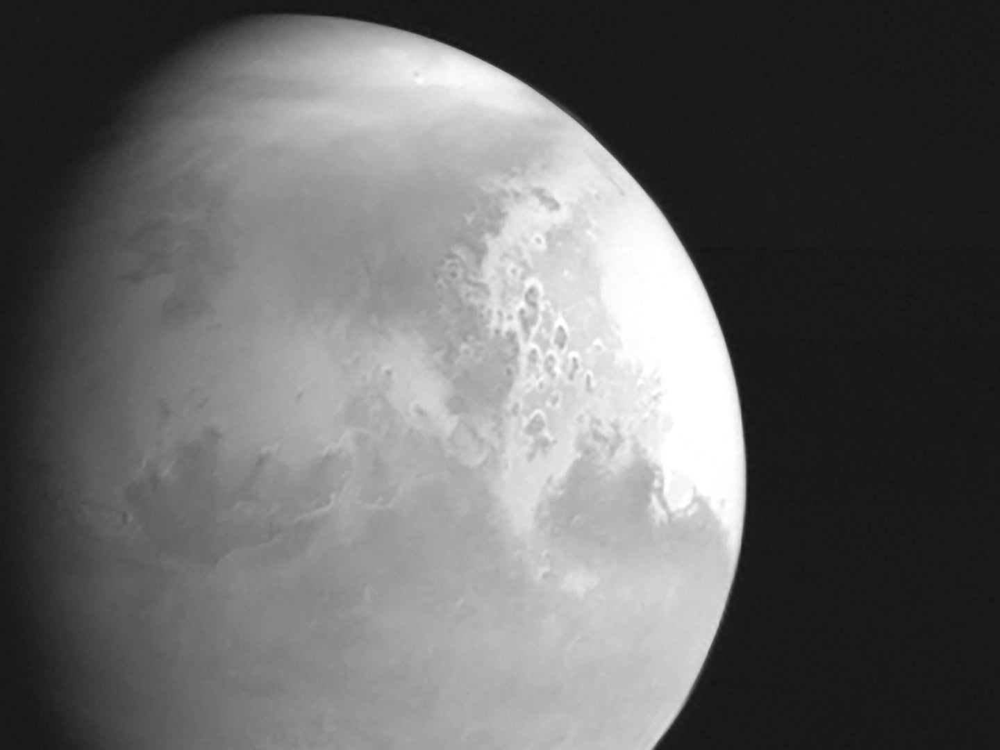 A close-up shot of Mars taken in black-and-white by the Chinese Tianwen-1 probe.