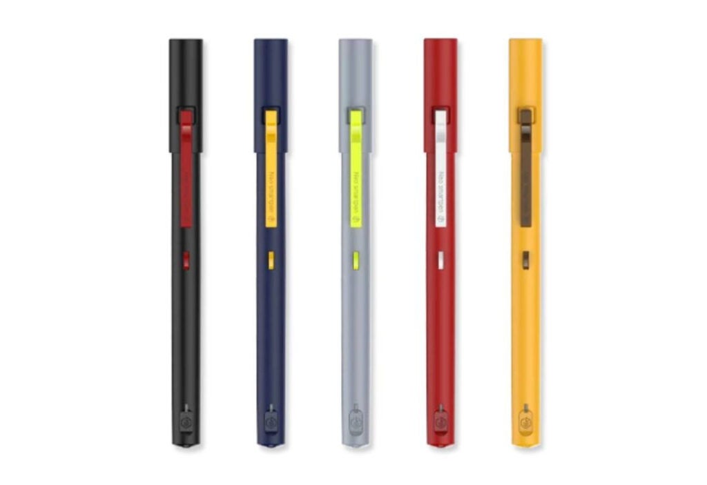 Five Neo smartpens of different colors: black, navy blue, gray, red, and yellow.