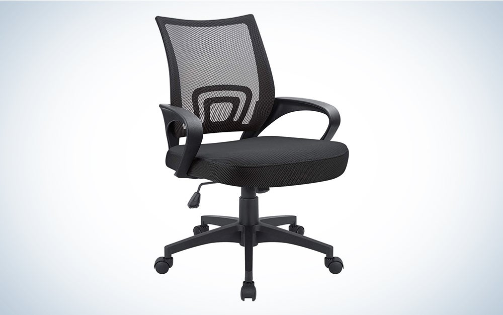 A black office chair against a blue and white gradient background