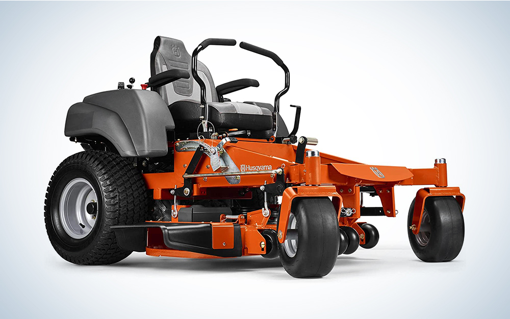 A Husqvarna zero-turn riding mower against a blue and white gradient background