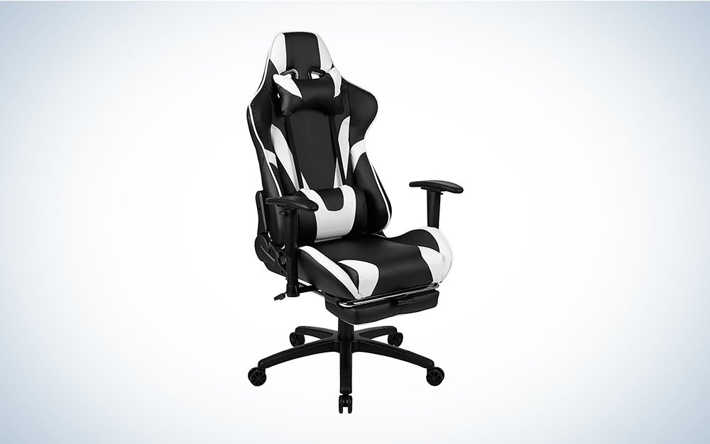 A white and black gaming chair against a blue gradient background