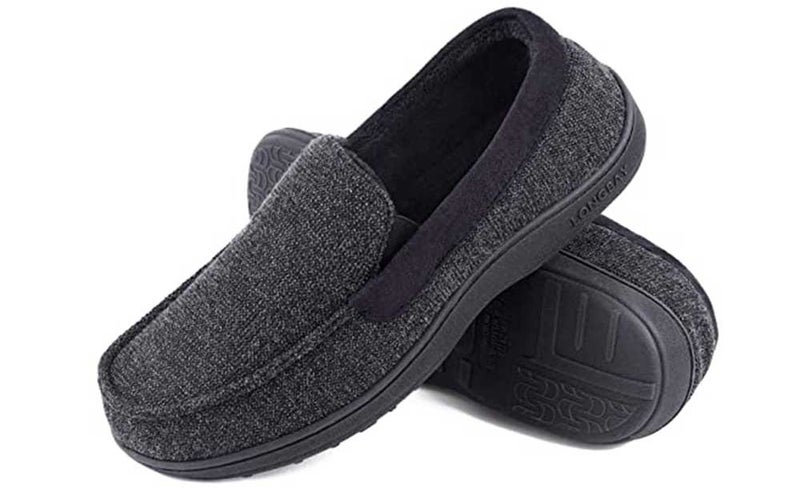 LongBay Men's Memory Foam Moccasin Slippers Plush Fleece House Slipper in Indoor Outdoor Shoes