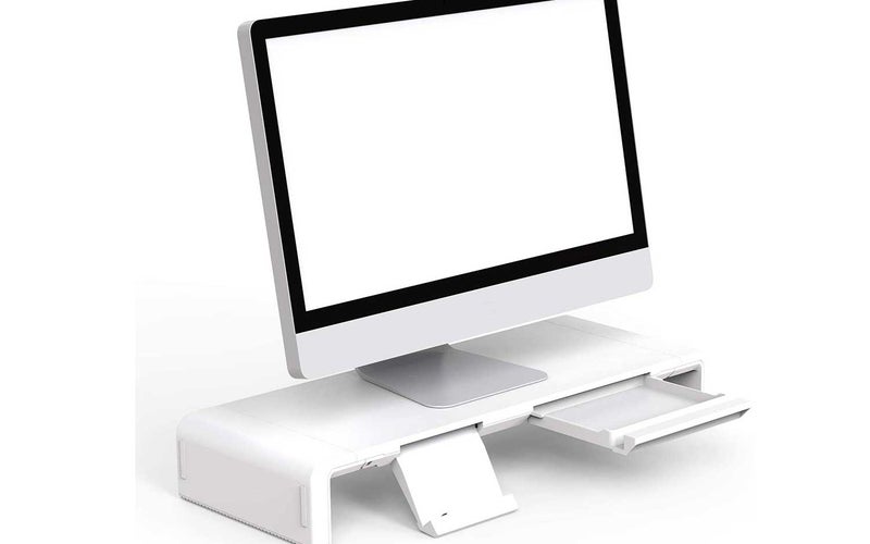 Klearlook Foldable Monitor Stand Built in Storage Drawer Tablet&Phone Stand Holder, Width Adjustable Desktop Monitor Screen Riser,Anti-Slip Monitor Mount for Computer/Printer/Laptops/TV-White