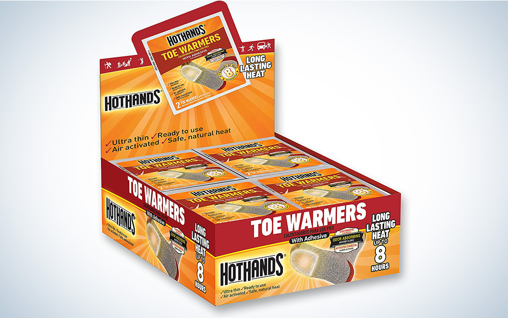 A box of HotHands Heat Max Toe Warmers on a plain background