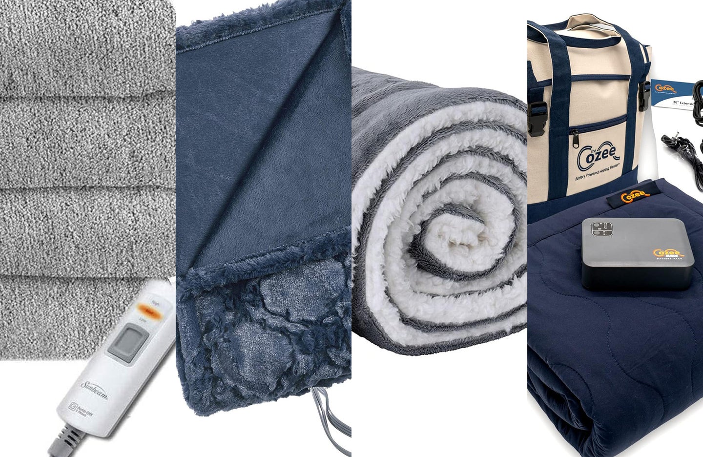 Grey and blue heated blankets separated into fourths horizontally on a white background.