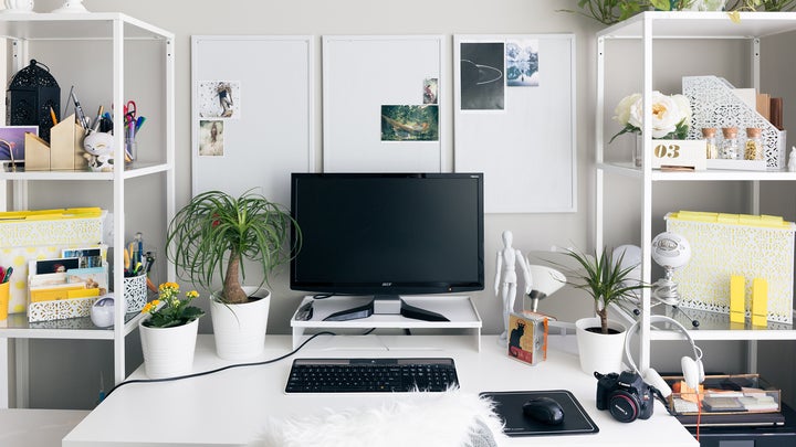 office workspace with a computer on a desk, plants, and two storage shelves beside the desk