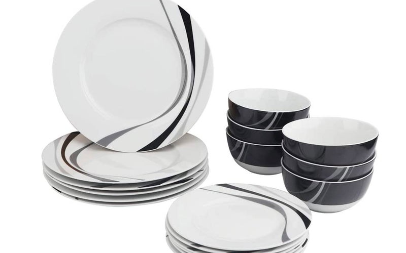 Amazon Basics 18-Piece Kitchen Dinnerware Set, Plates, Dishes, Bowls, Service for 6, Swirl