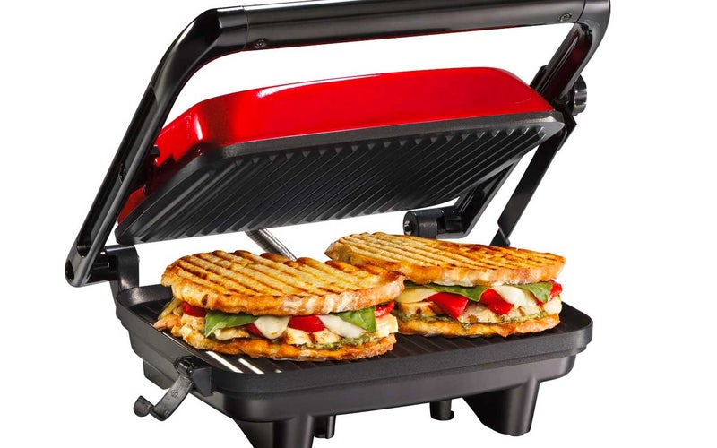 Hamilton Beach Electric Panini Press Grill with Locking Lid, Opens 180 Degrees for Any Sandwich Thickness, Nonstick 8" X 10"