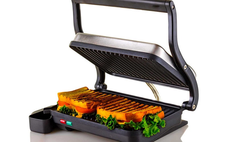 Ovente Electric Indoor Panini Press Grill with Non-Stick Double Flat Cooking Plate & Removable Drip Tray, Countertop Sandwich Maker Toaster Easy Storage & Clean Perfect for Breakfast, Silver
