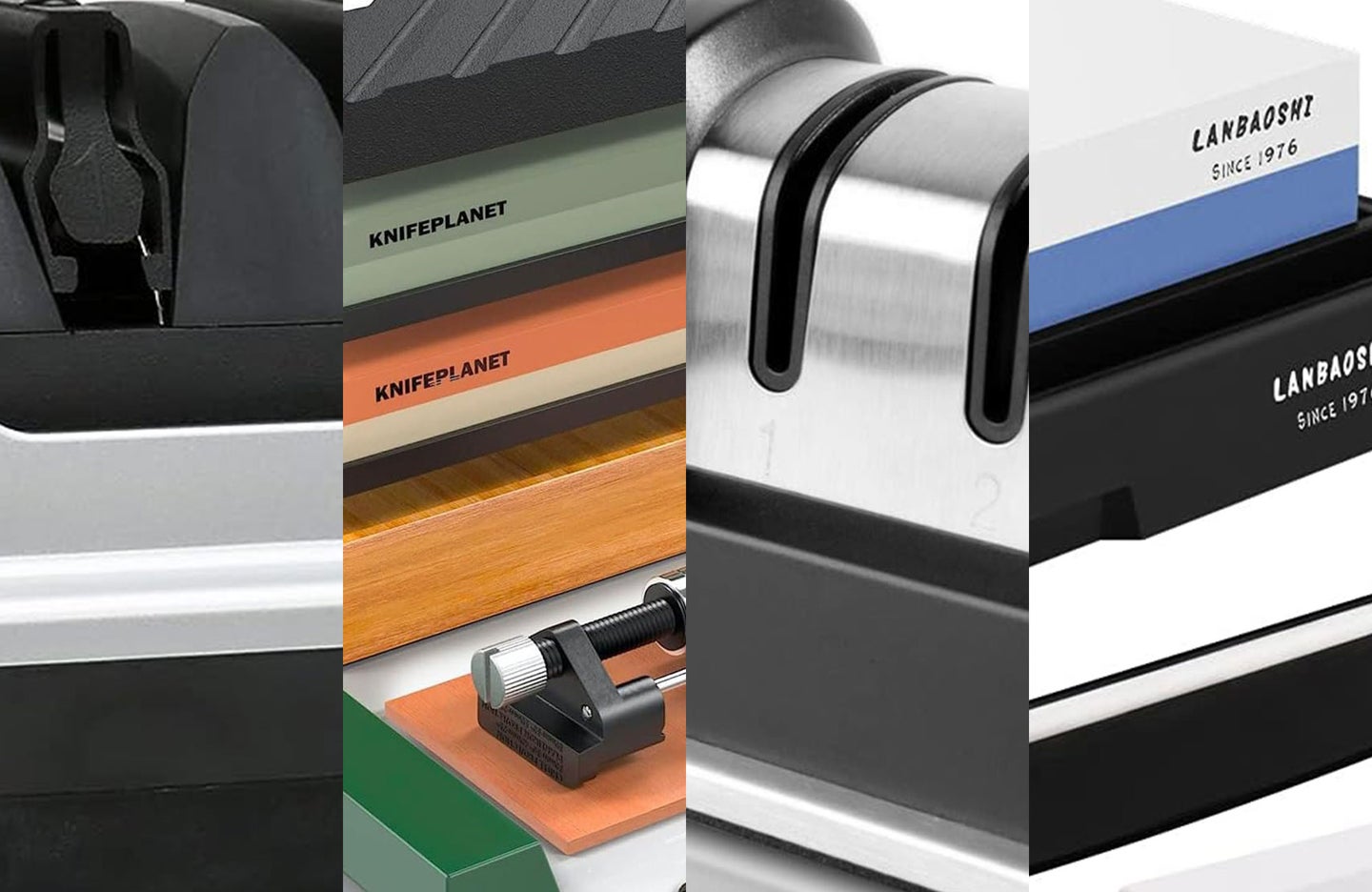 A lineup of the best knife sharpeners on a plain background