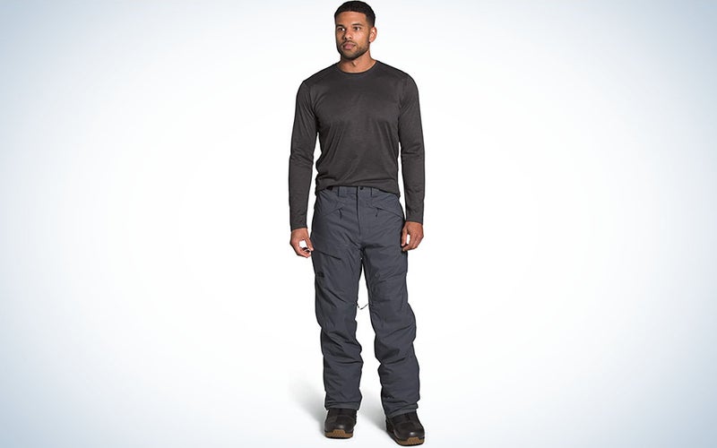 A person wearing the North Face Menâs Freedom Snow Pants on a plain background