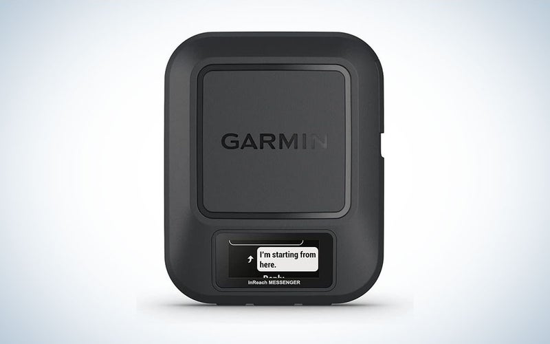 A black, square Garmin inReach Messenger Satellite Communicator on a plain background.