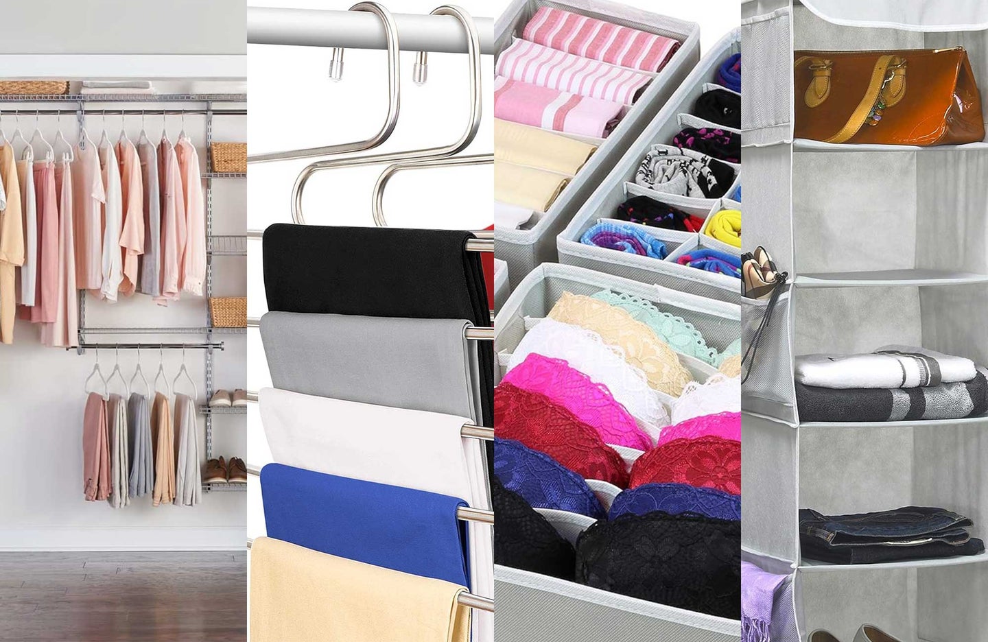 Four of the best closet organizers on a plain background.