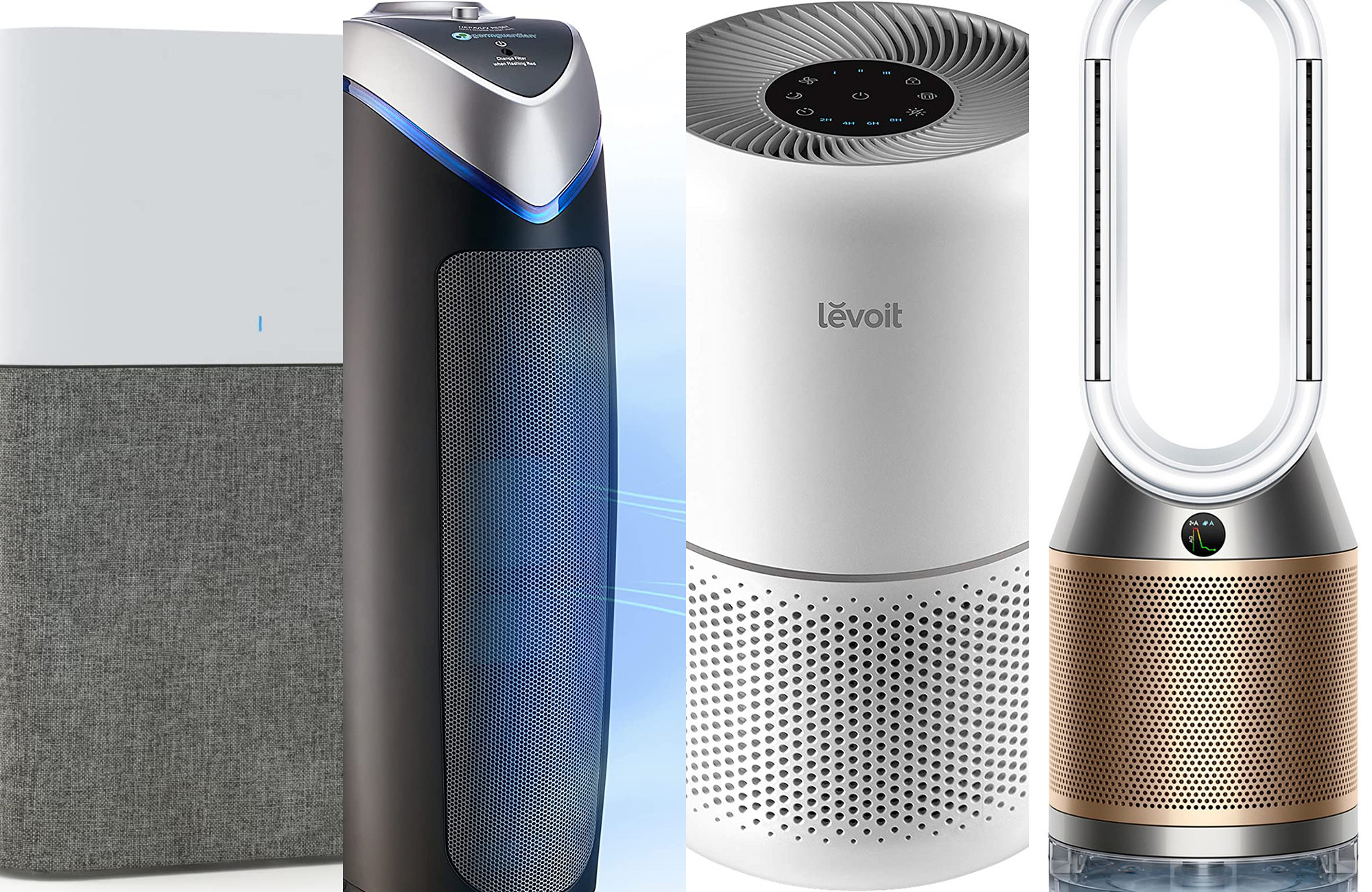 A lineup of the best air purifiers on a white background