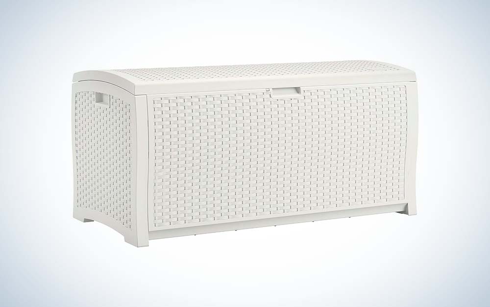 white Suncast Resin Wicker Patio Outdoor Storage Container over a white background