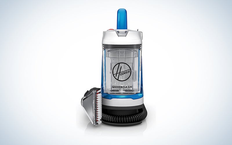 A Hoover PowerDash GO Pet+ Portable Spot Cleaner on a blue and white background