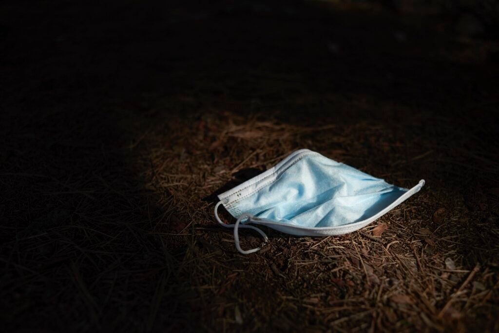 Blue surgical mask on the grass