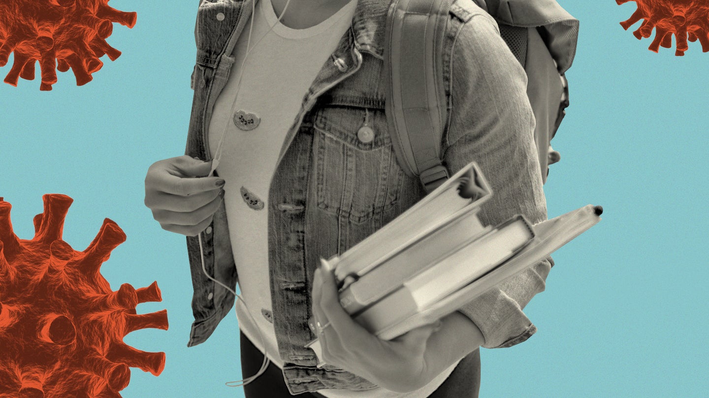 a person wearing a backpack and holding textbooks against a blue background with several red coronavirus illustrations
