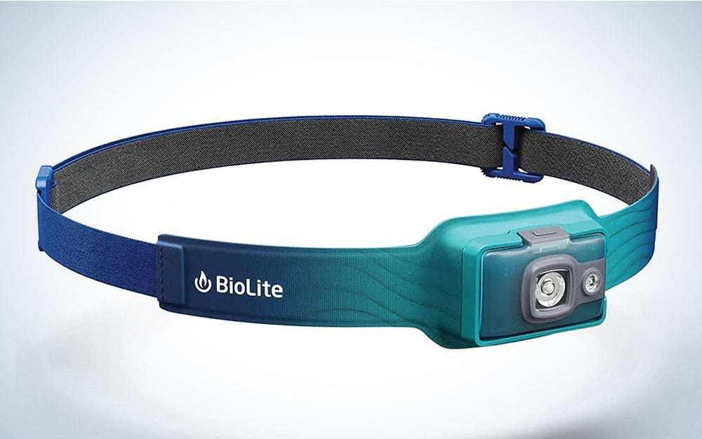 A blue BioLite 325 headlamp on a blue and white background