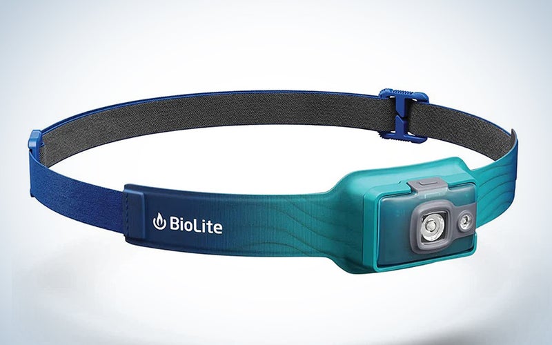A blue BioLite 325 headlamp on a blue and white background