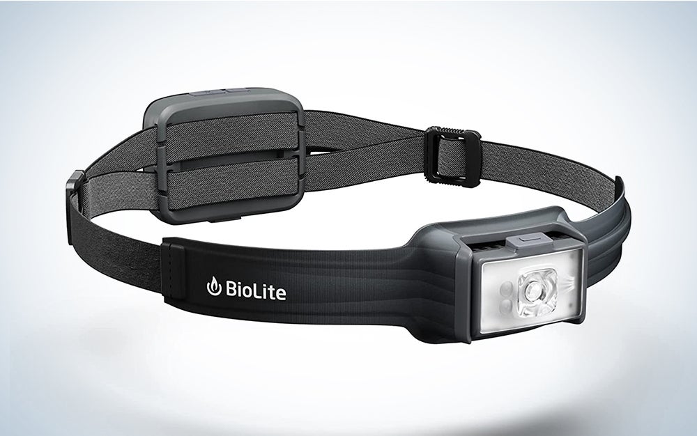 A black BioLite 800 headlamp on a blue and white background