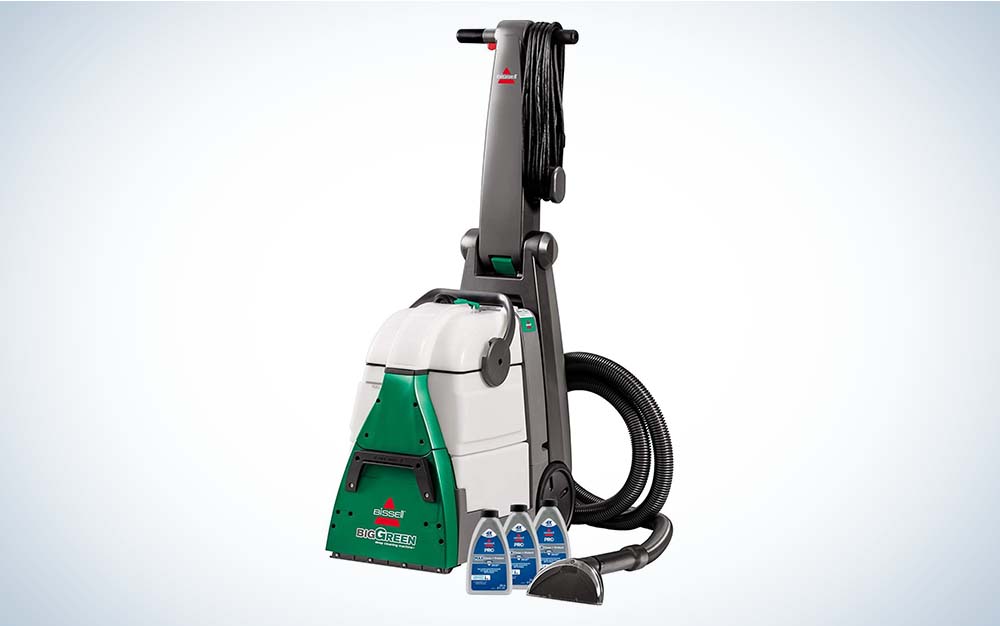 The Bissell Big Green Professional Carpet Cleaner has a green and white tank and a gray handle and tube.
