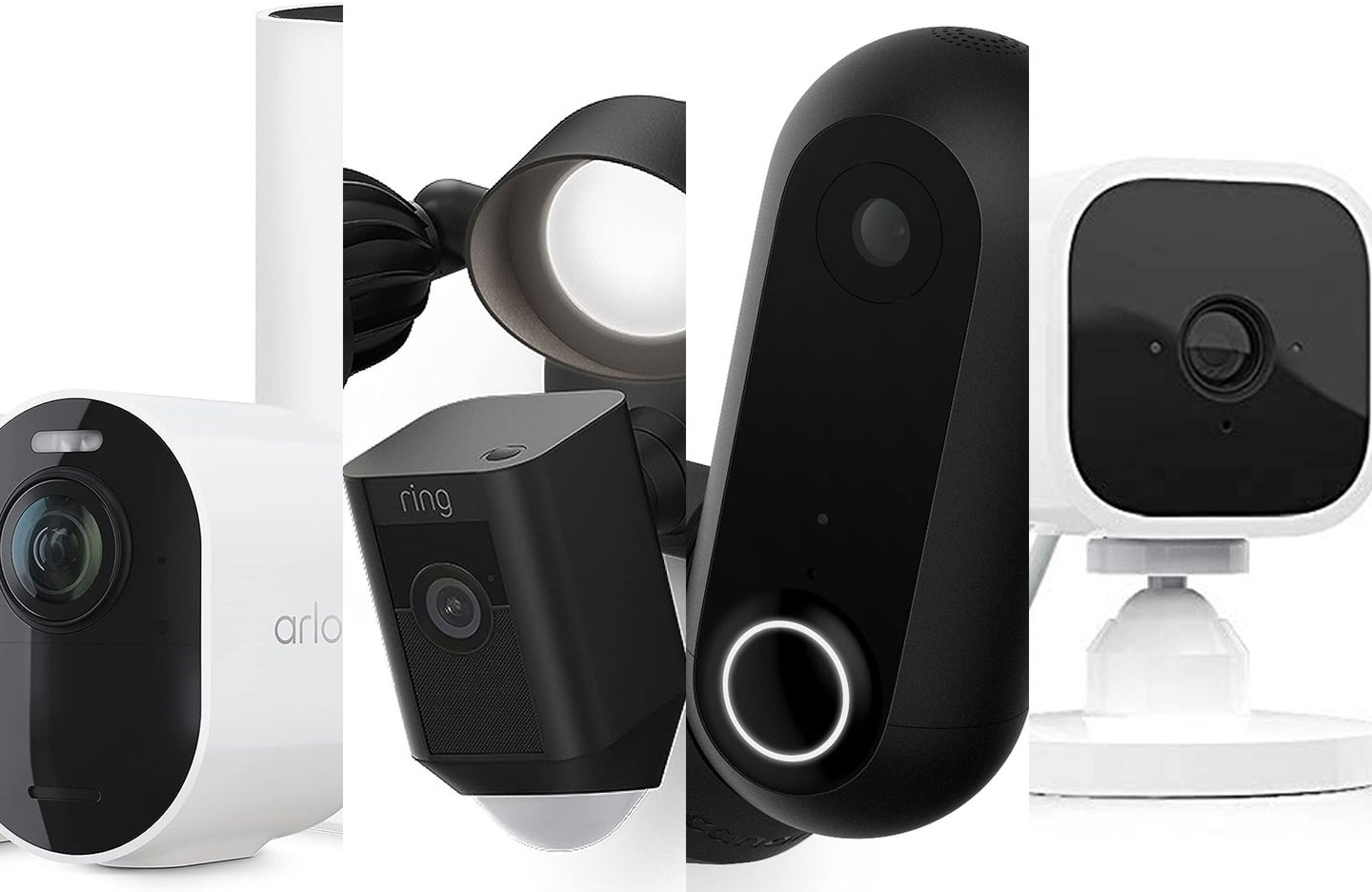 A lineup of the best home security cameras on a white background