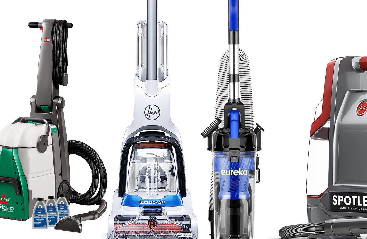 Four carpet cleaner machines from Hoover, Bissell, and Eureka.