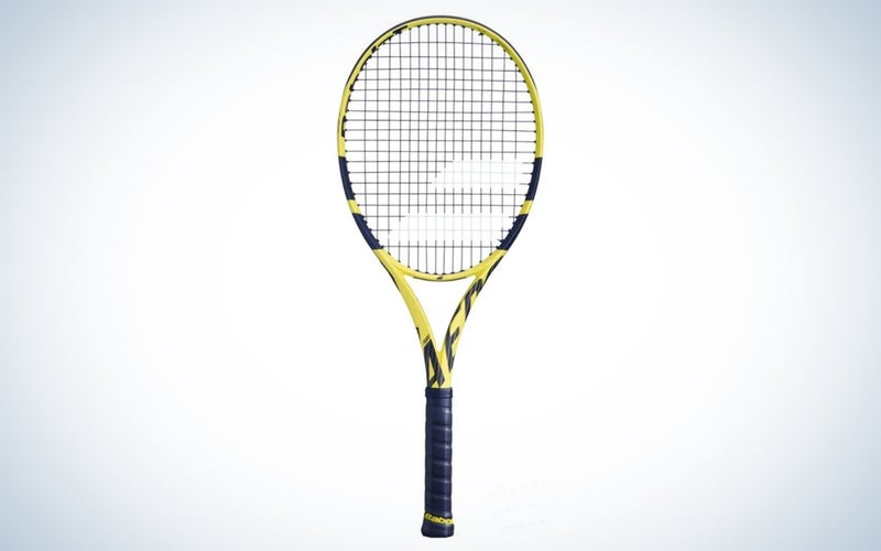 yellow and black tennis racket with black grip
