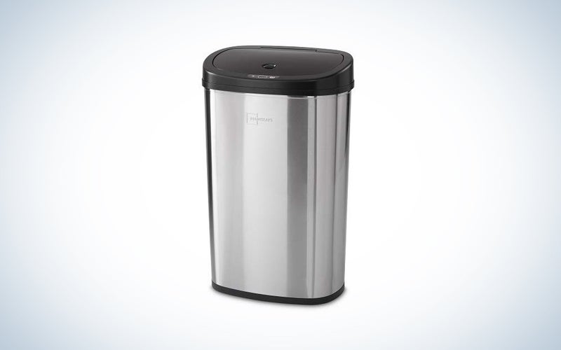 silver touchless trash can with dark top