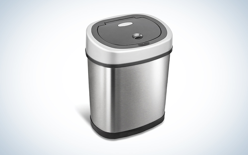 compact silver motion sensor trash can