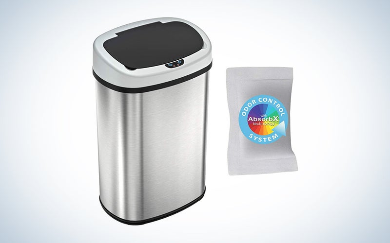 silver motion sensor trash can with dark lid