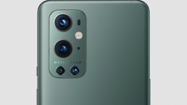 A close-up of the OnePlus 9 Pro cameras on white background.