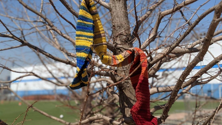 Temperature scarf hanging from a tree