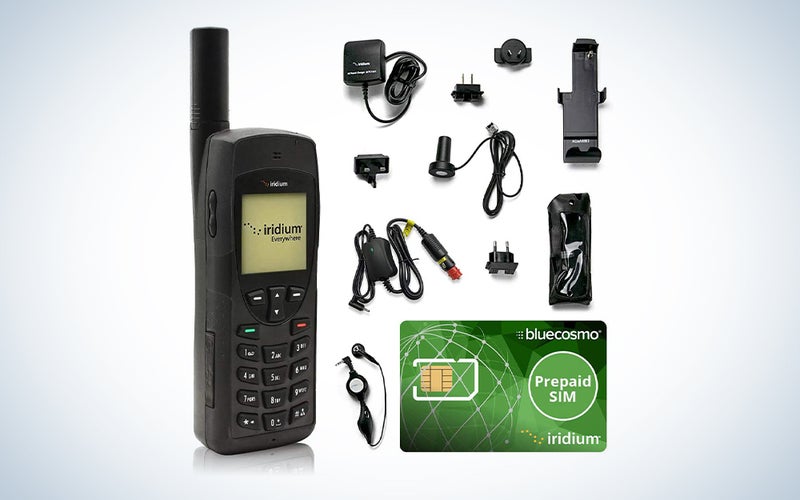 black satellite phone with accessories