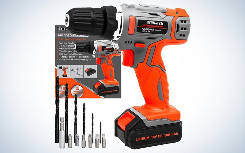 orange drill with bits and box