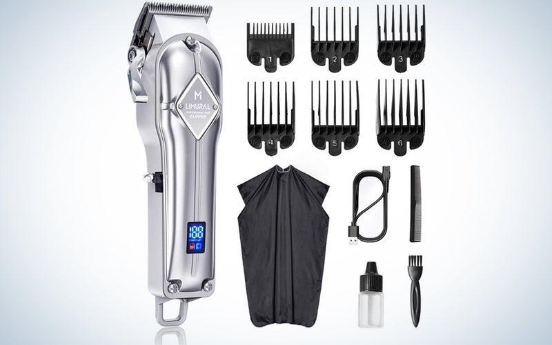 silver clippers with guide combs, cape, usb cable, brushes, and oil