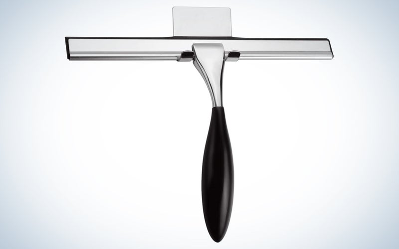 metal squeegee with a black handle in a mount